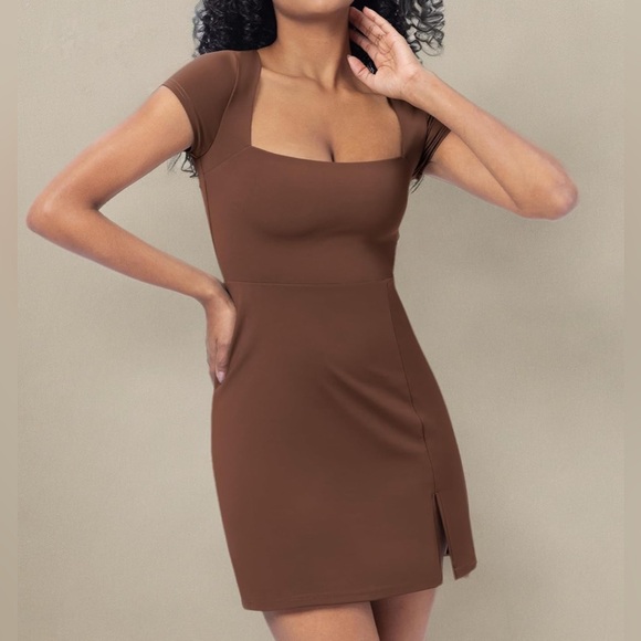 Women's Square Neck Short Sleeve Mini Dress Y2K Party Club Side Slit Stretchy - Picture 7 of 7